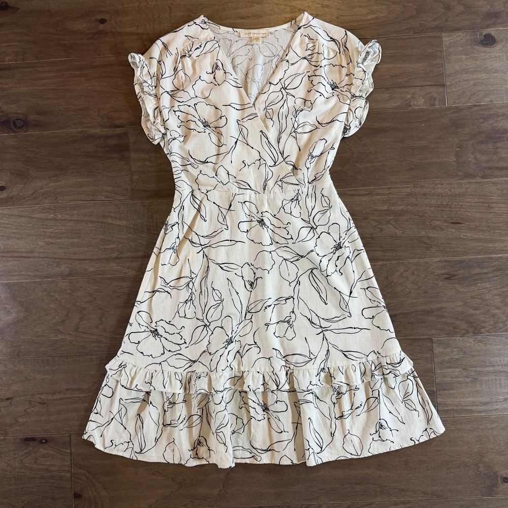 Monteau Los Angeles Cream Black Floral Linen Blend Ruffle Dress Size M 500842-LN